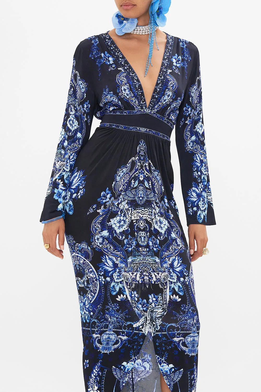 GATHERED V NECK JERSEY DRESS DELFT DYNASTY