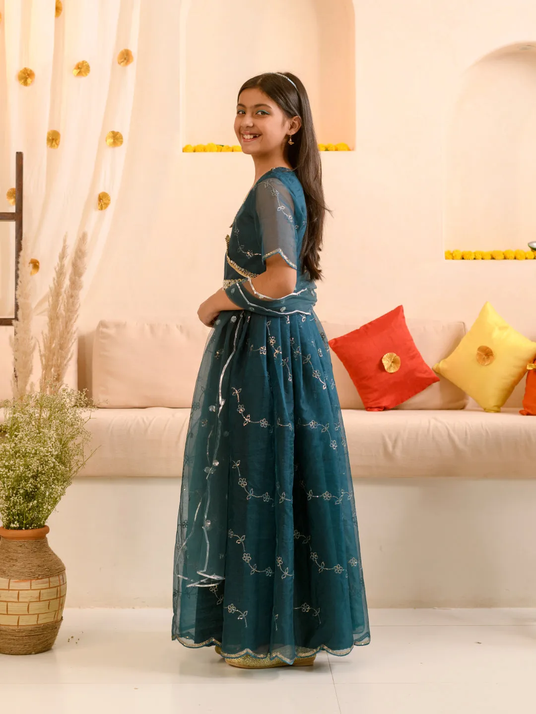 Girls Embellished V-Neck Fit Flare Maxi Ethnic Dress