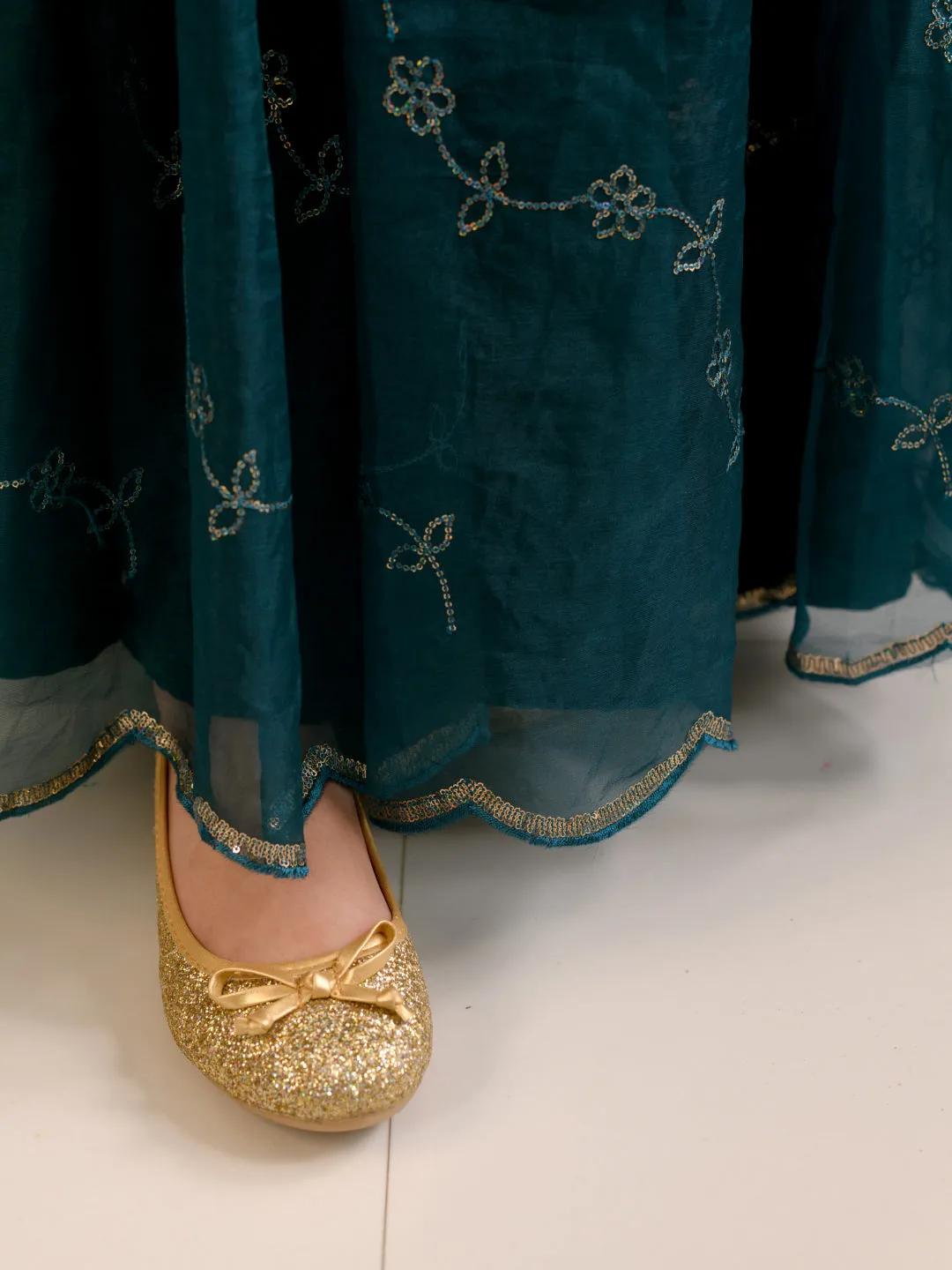 Girls Embellished V-Neck Fit Flare Maxi Ethnic Dress