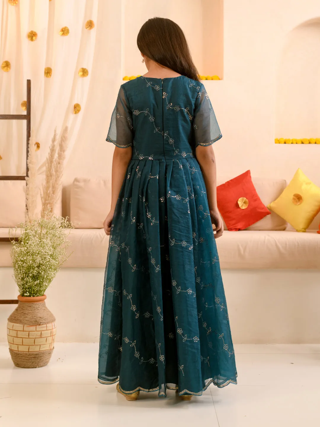 Girls Embellished V-Neck Fit Flare Maxi Ethnic Dress