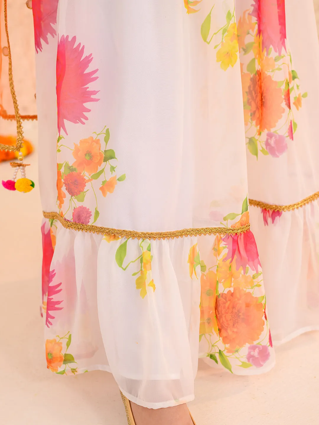 Girls Floral Printed Fit Flare Maxi Ethnic Dress With Dupatta