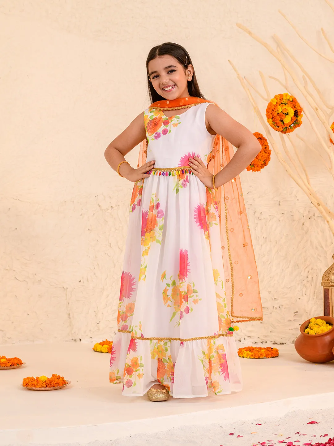 Girls Floral Printed Fit Flare Maxi Ethnic Dress With Dupatta