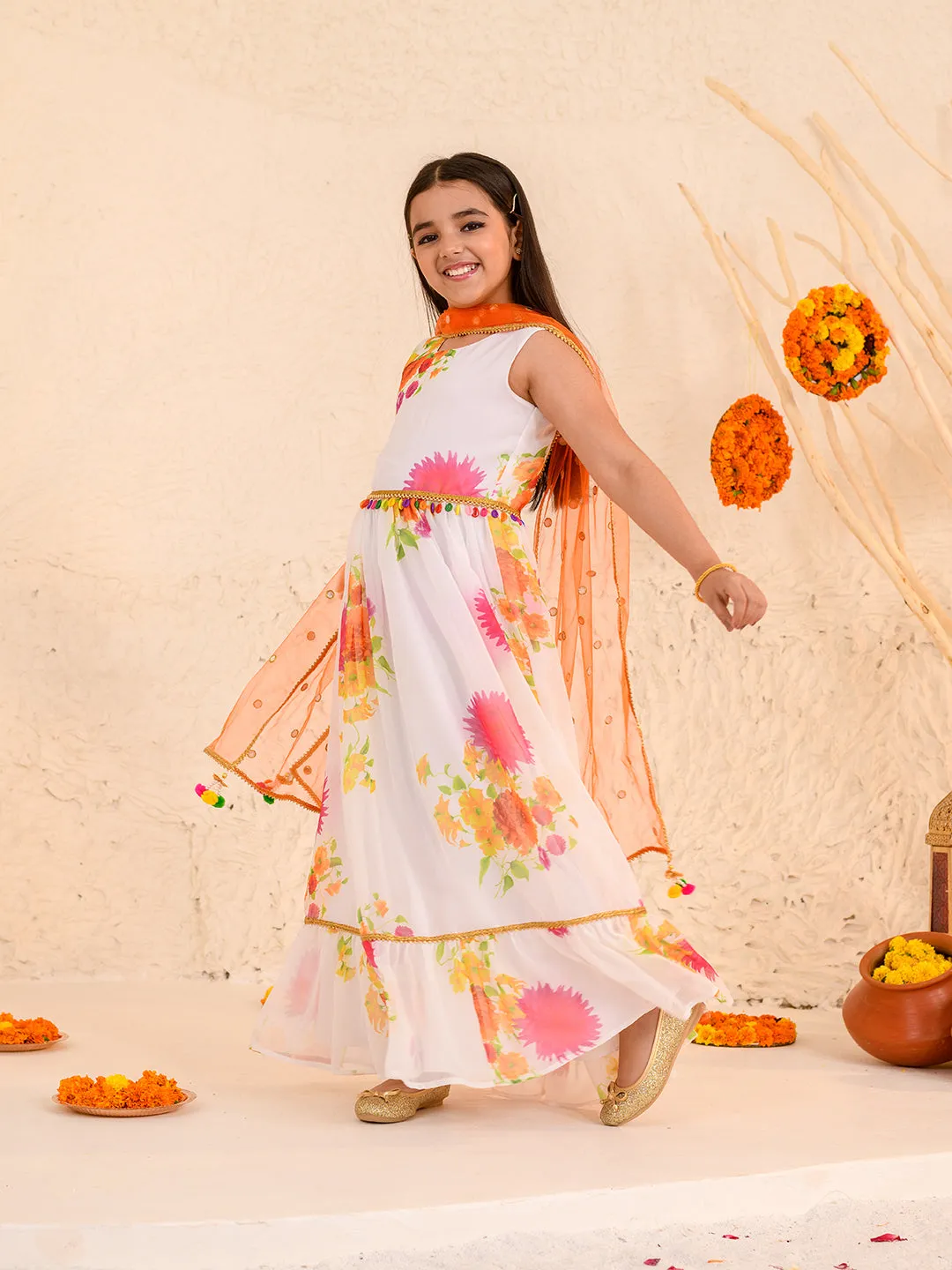 Girls Floral Printed Fit Flare Maxi Ethnic Dress With Dupatta