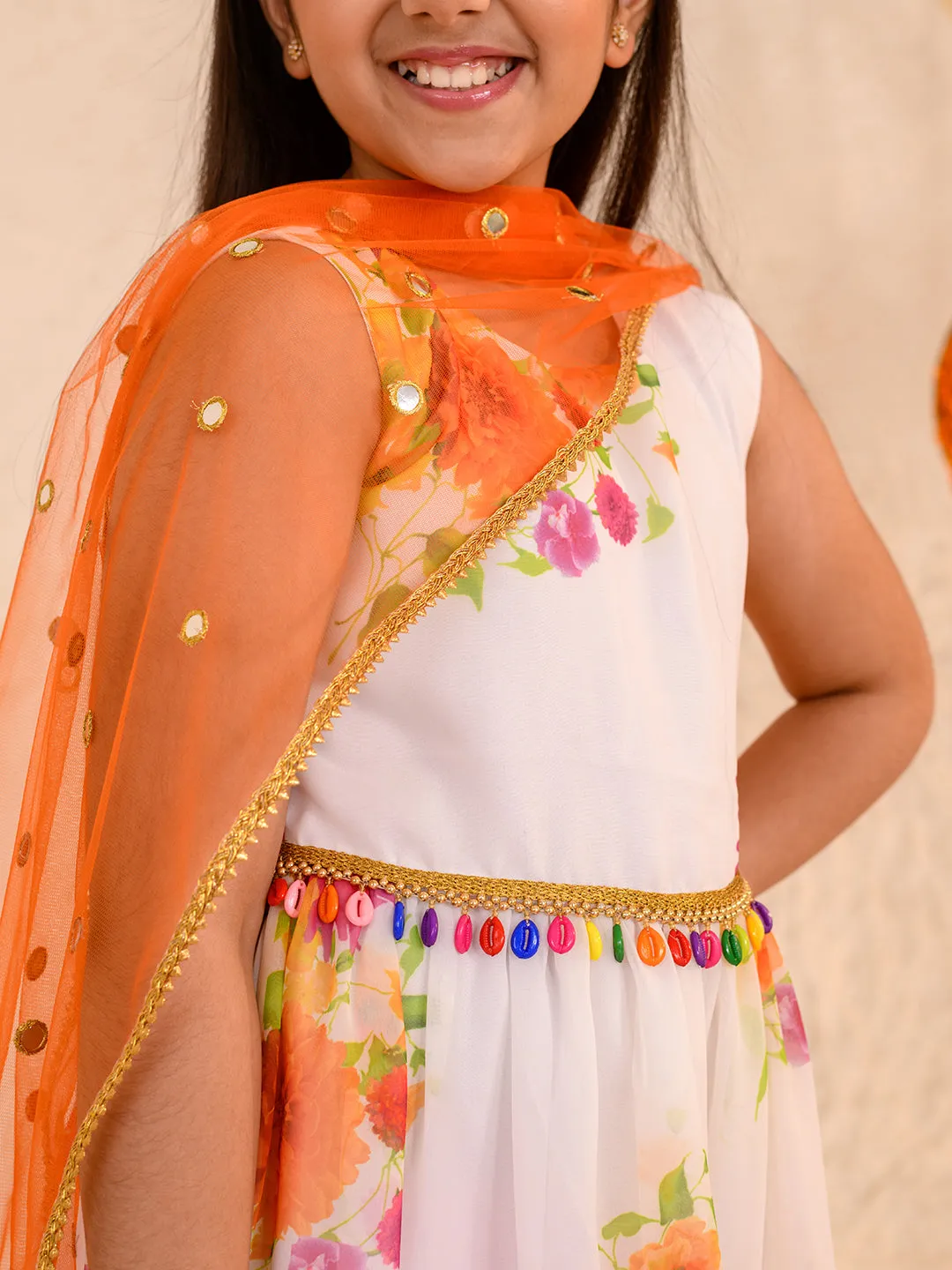 Girls Floral Printed Fit Flare Maxi Ethnic Dress With Dupatta