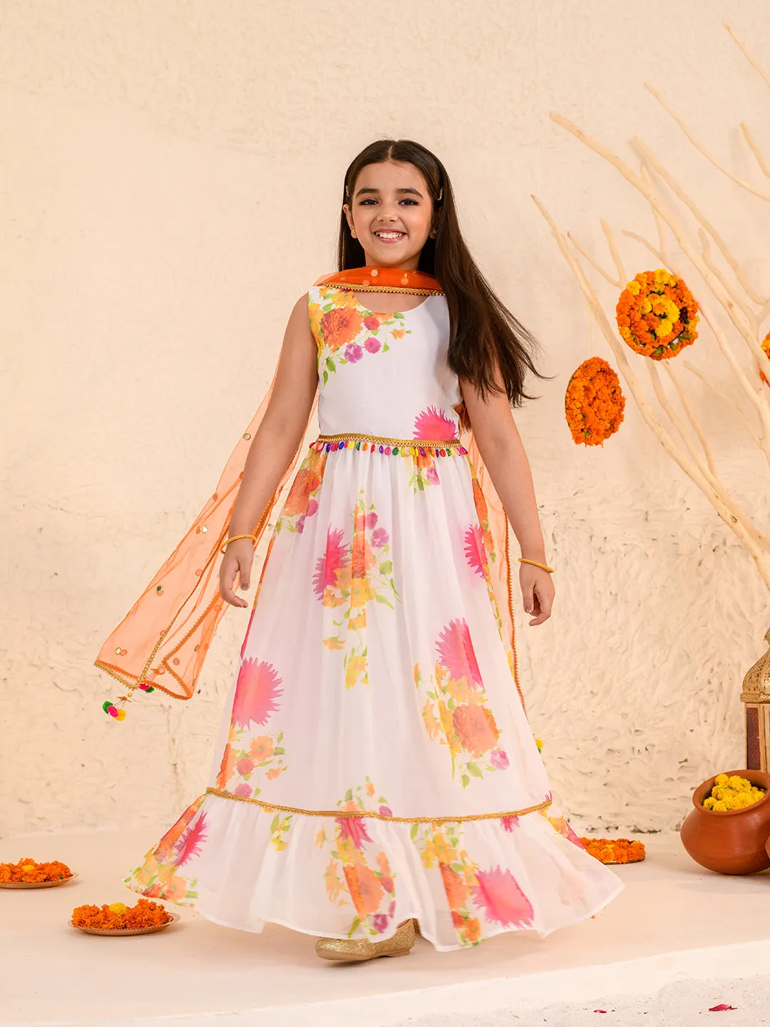 Girls Floral Printed Fit Flare Maxi Ethnic Dress With Dupatta