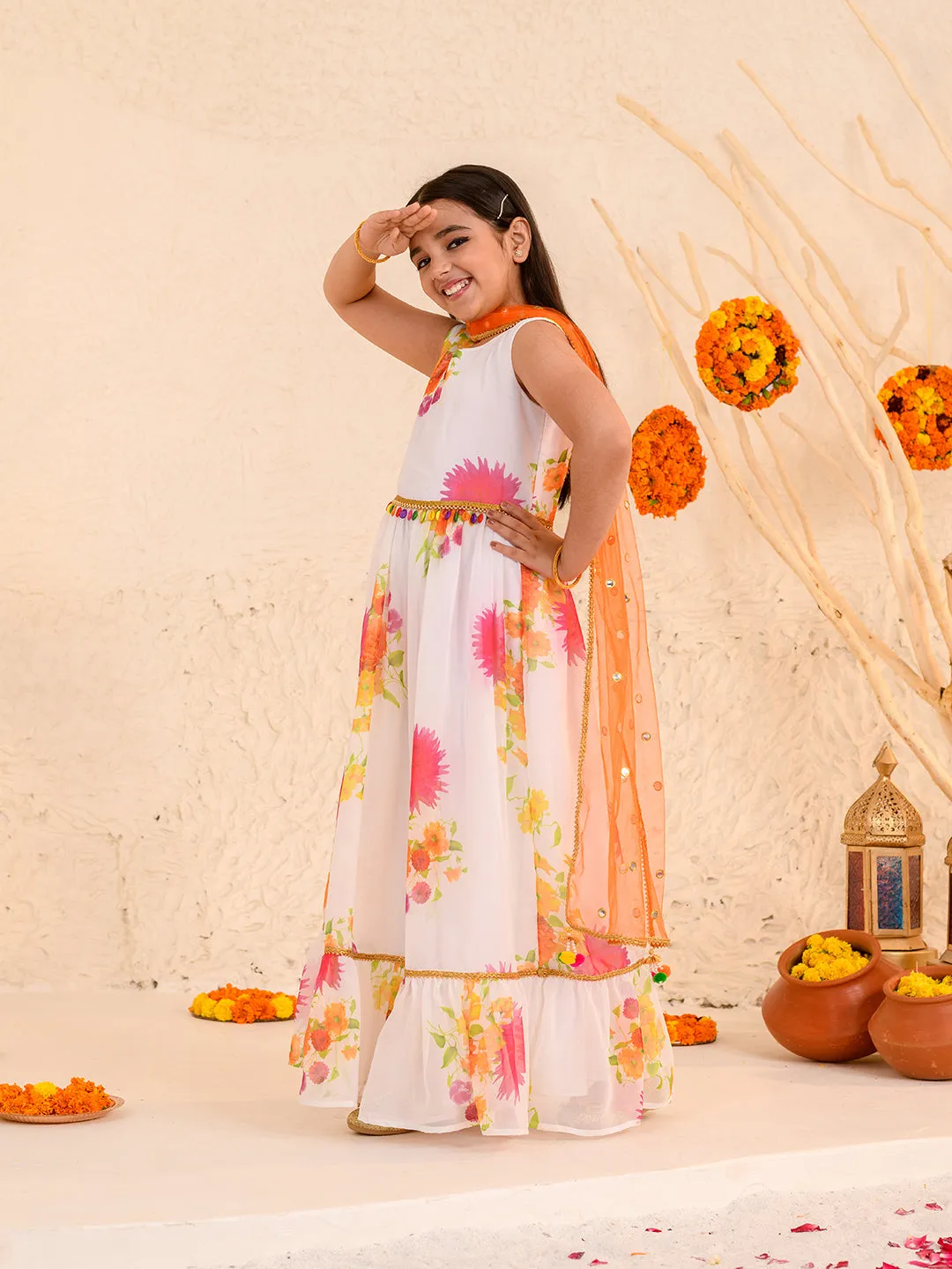 Girls Floral Printed Fit Flare Maxi Ethnic Dress With Dupatta