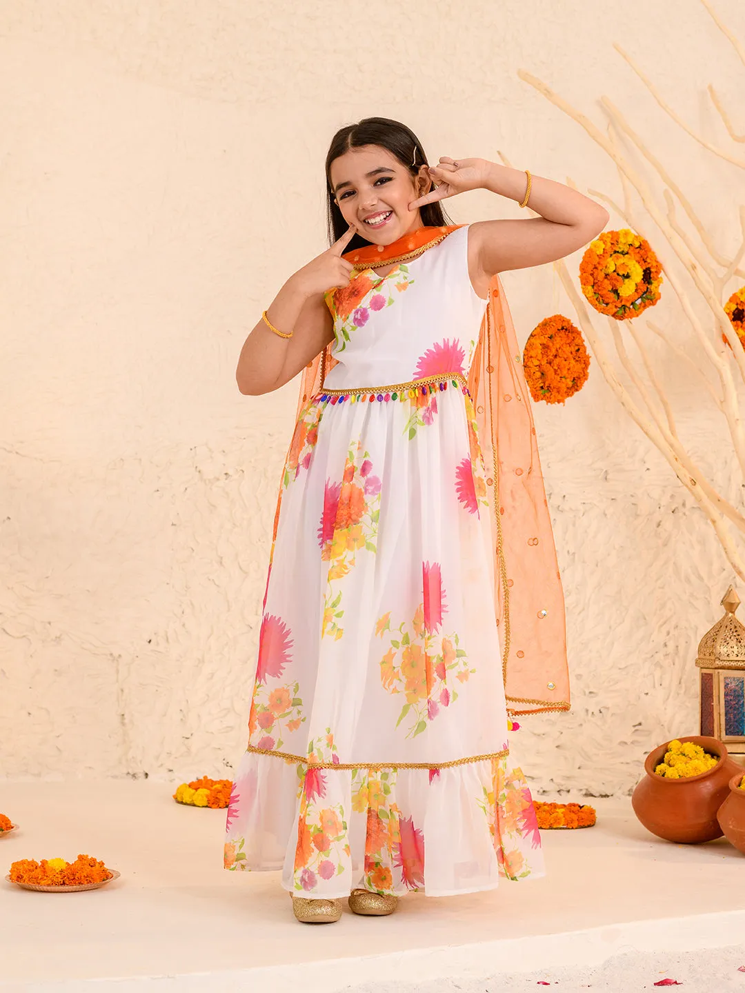 Girls Floral Printed Fit Flare Maxi Ethnic Dress With Dupatta
