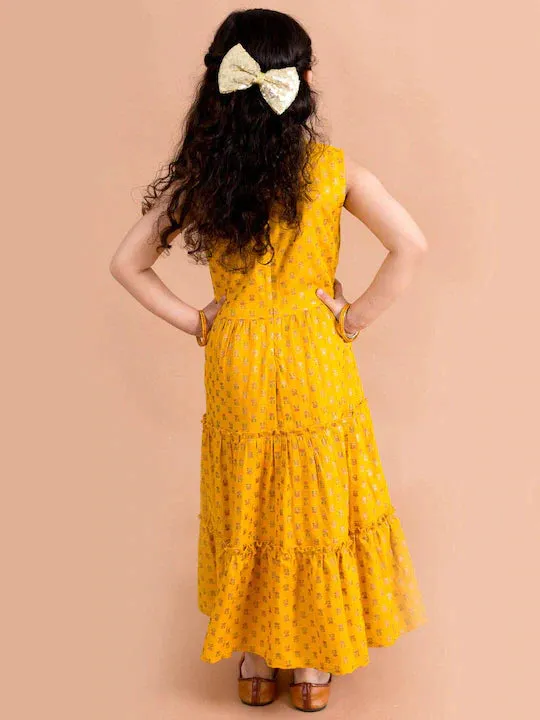 Girls Mustard Yellow Floral Printed Ethnic Maxi Dress