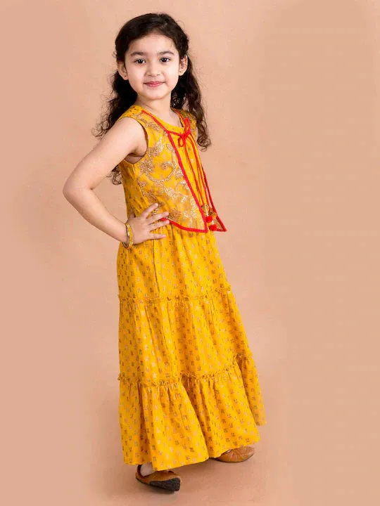 Girls Mustard Yellow Floral Printed Ethnic Maxi Dress