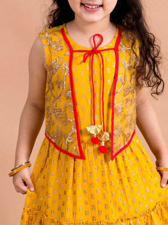 Girls Mustard Yellow Floral Printed Ethnic Maxi Dress