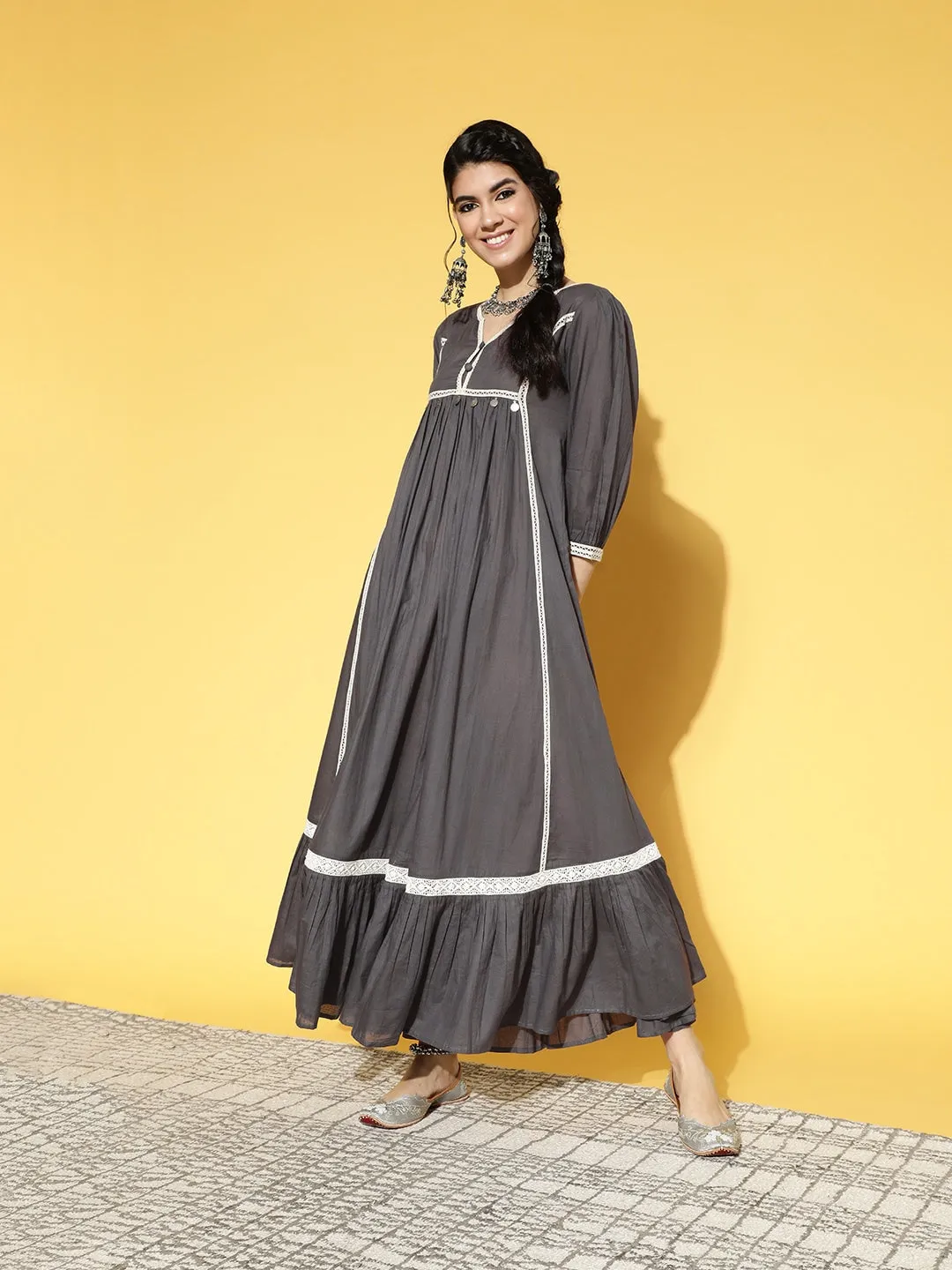 Grey & White Ethnic Lace Detailed Dress