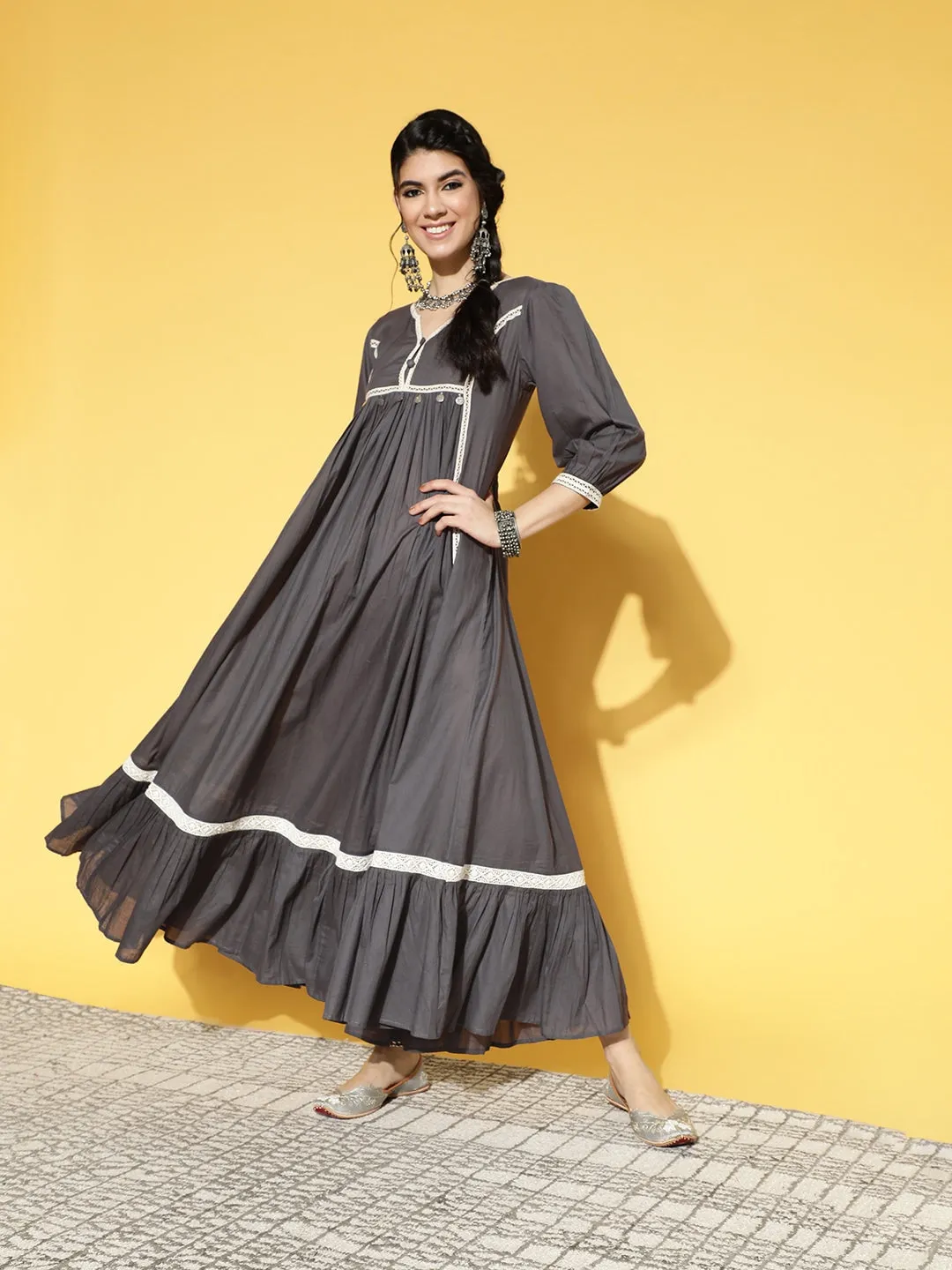 Grey & White Ethnic Lace Detailed Dress