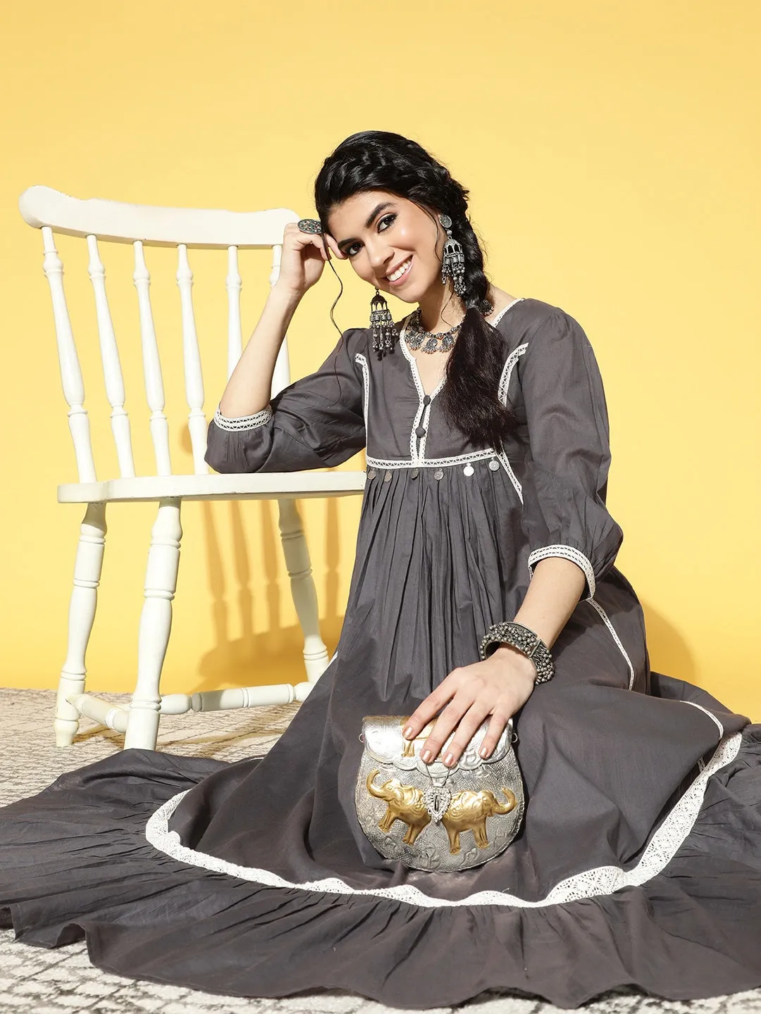 Grey & White Ethnic Lace Detailed Dress