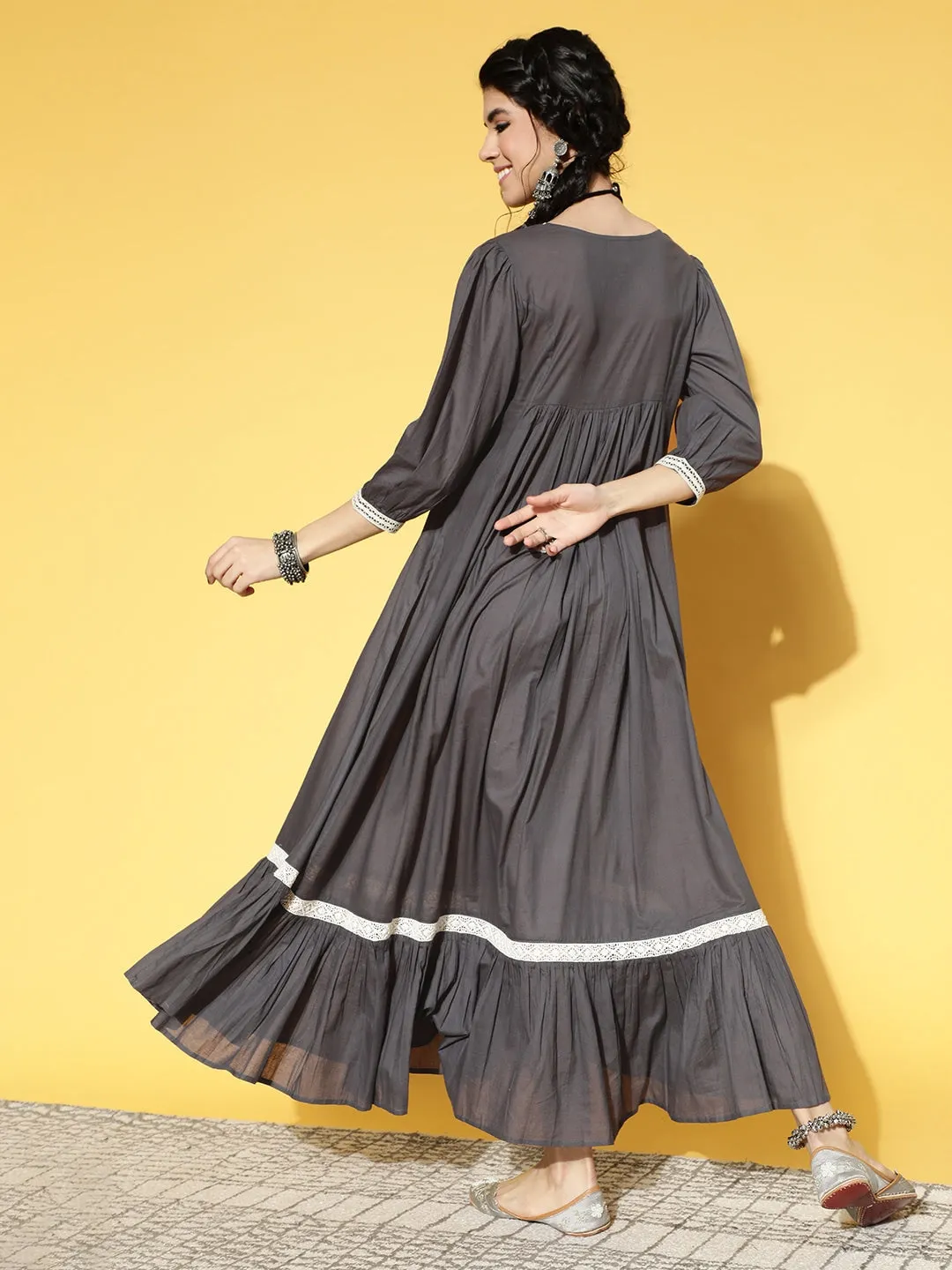 Grey & White Ethnic Lace Detailed Dress