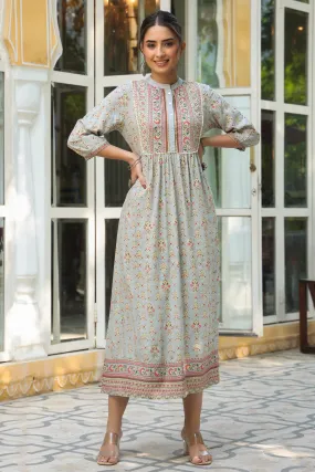 Grey Rayon Printed A-Line Maxi Dress
