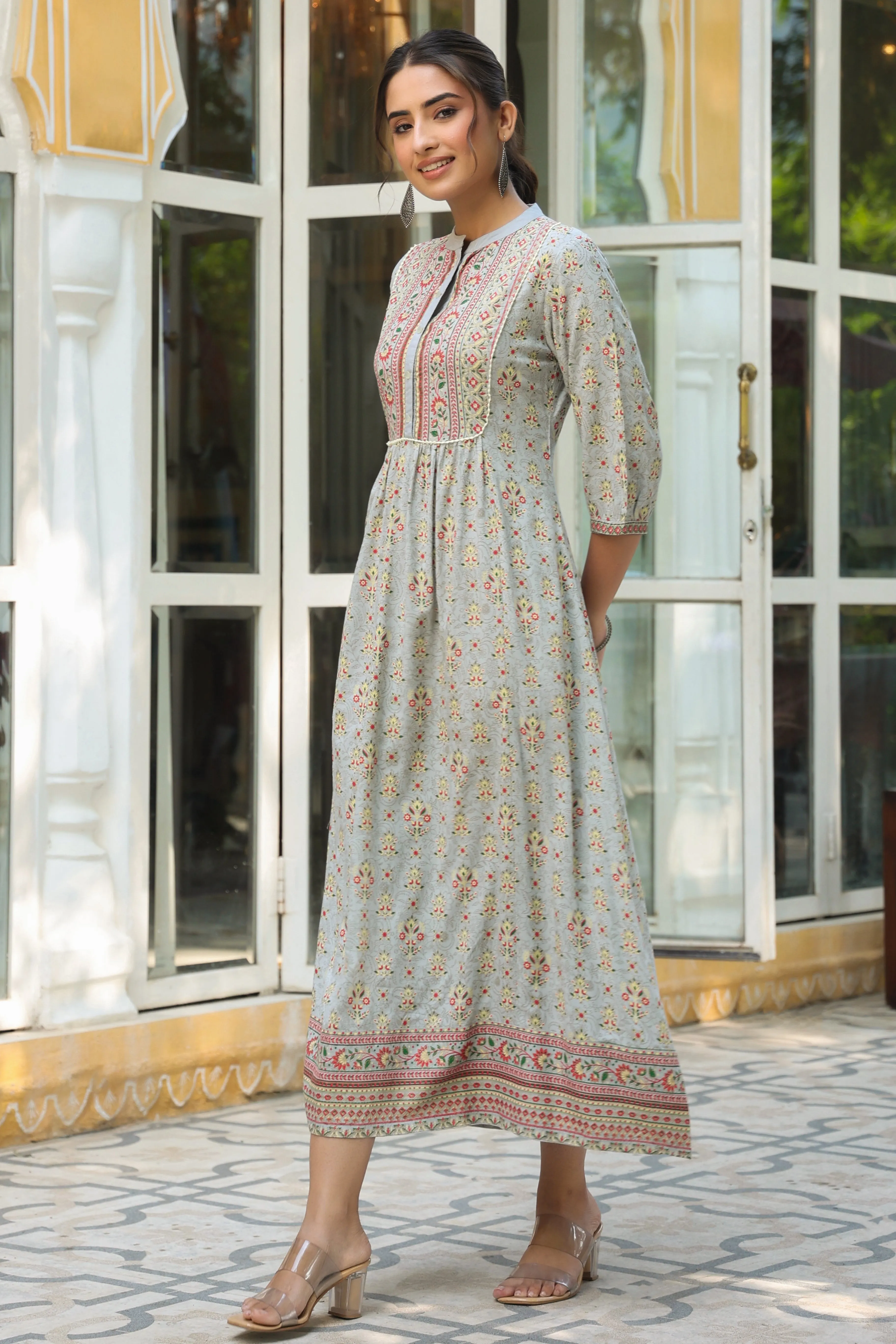 Grey Rayon Printed A-Line Maxi Dress