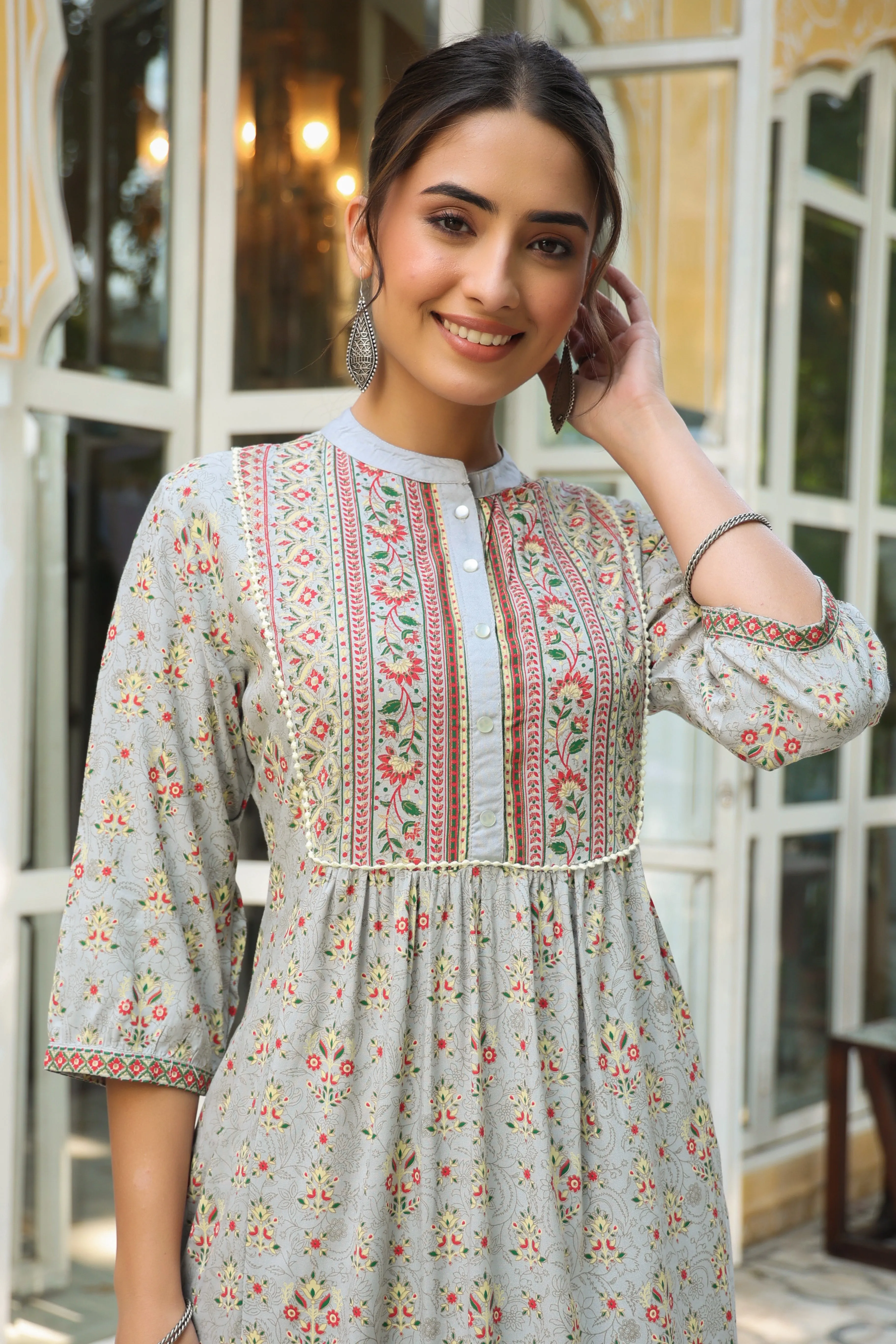 Grey Rayon Printed A-Line Maxi Dress