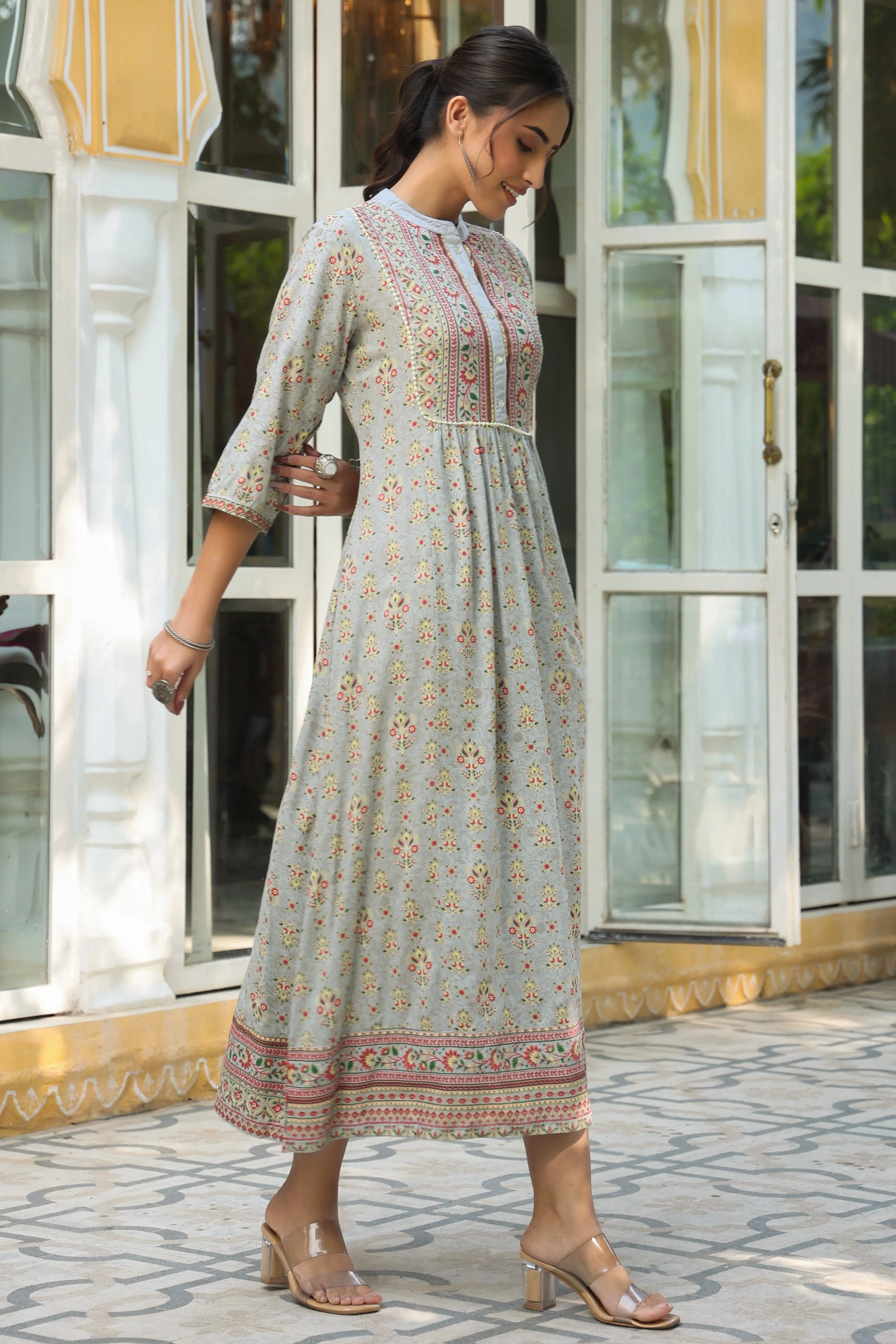 Grey Rayon Printed A-Line Maxi Dress