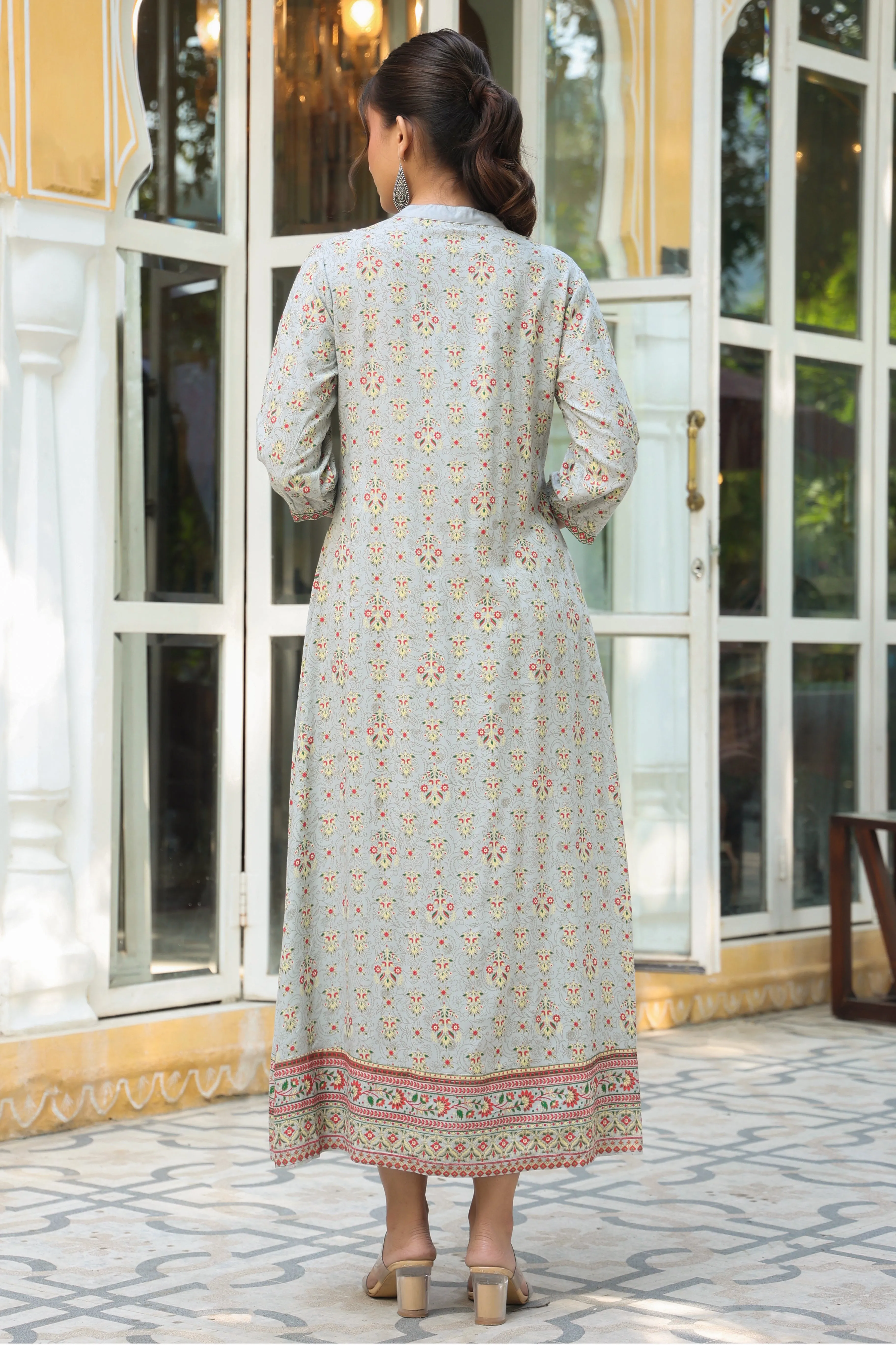 Grey Rayon Printed A-Line Maxi Dress