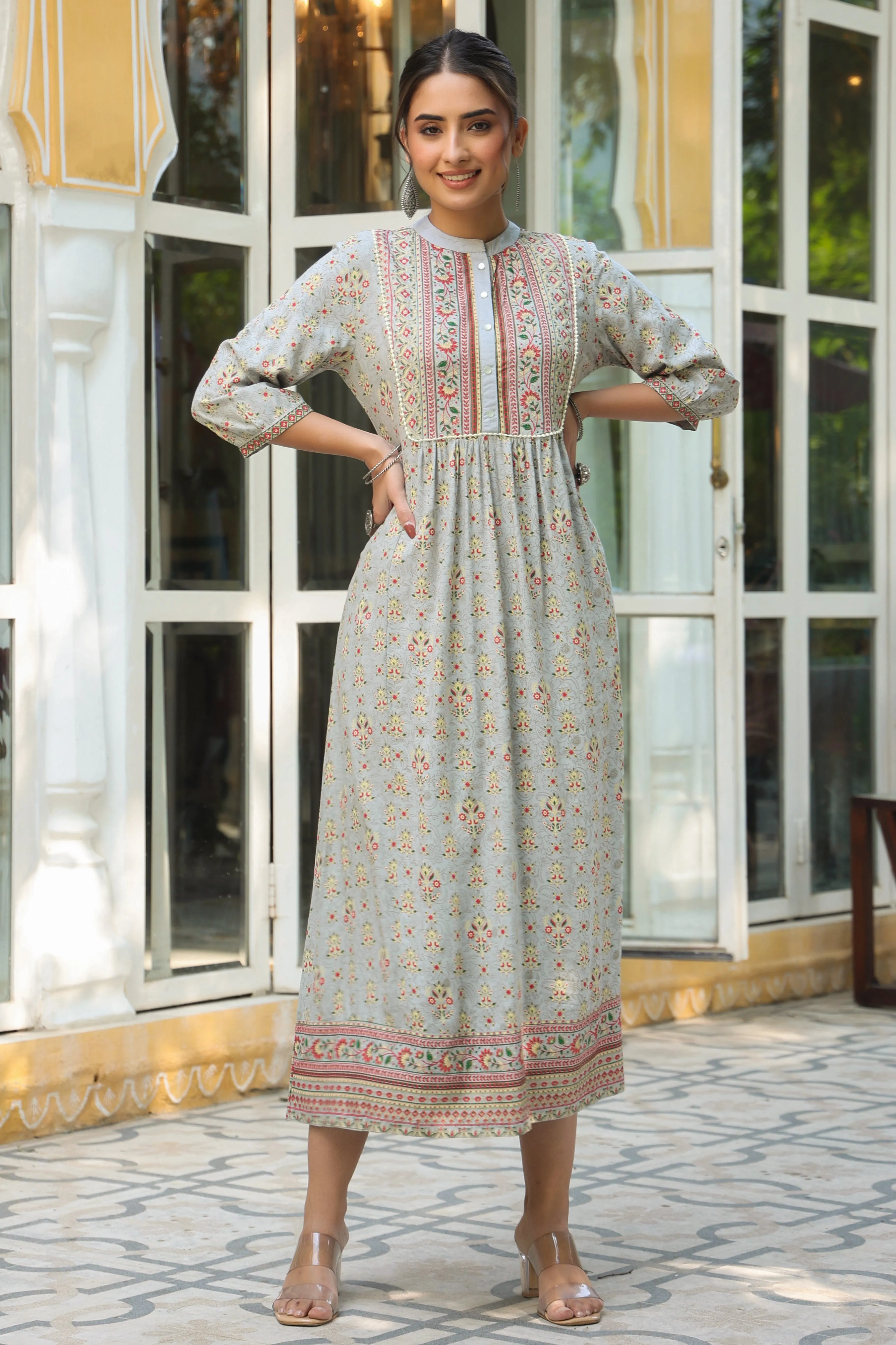 Grey Rayon Printed A-Line Maxi Dress