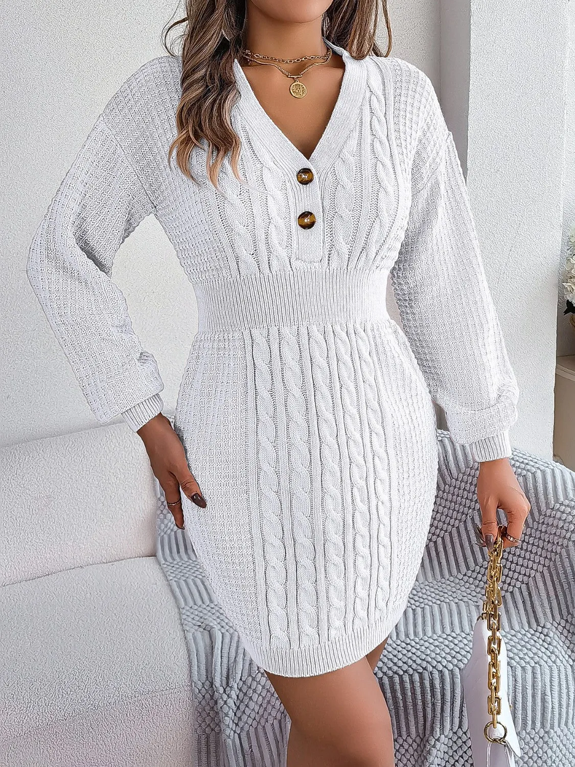 Ladies Cable-Knit V-Neck Sweater Dress