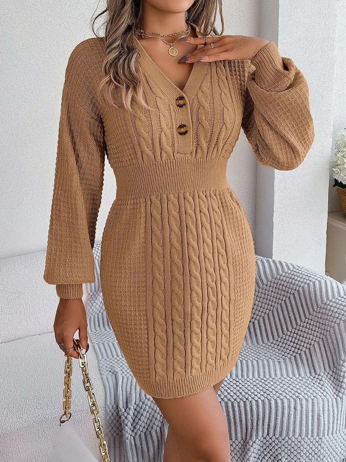Ladies Cable-Knit V-Neck Sweater Dress