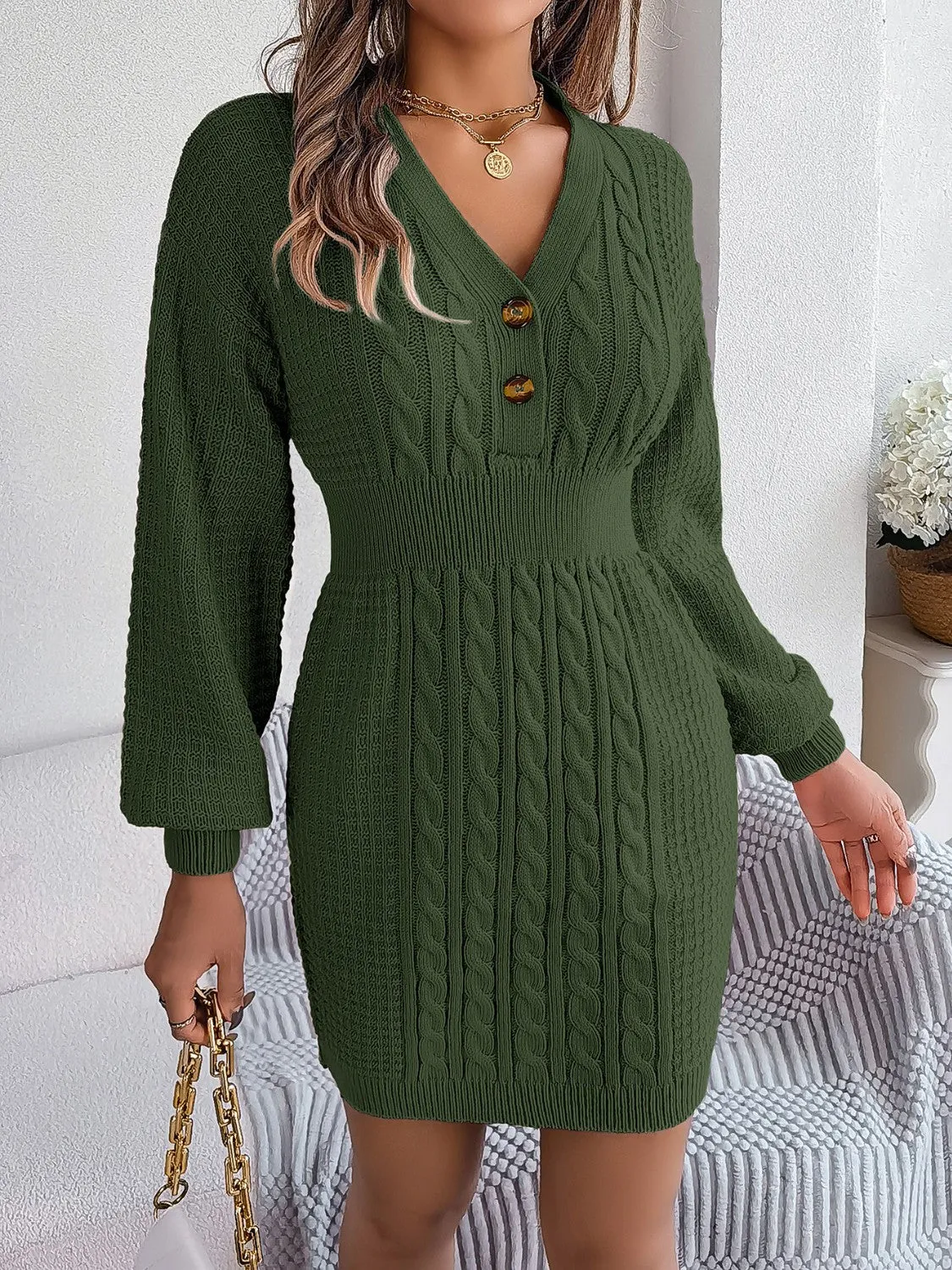 Ladies Cable-Knit V-Neck Sweater Dress