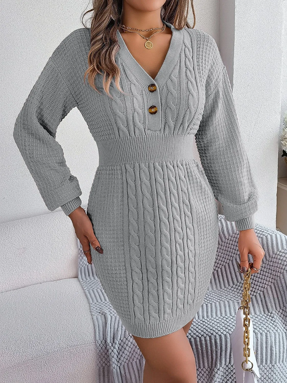 Ladies Cable-Knit V-Neck Sweater Dress