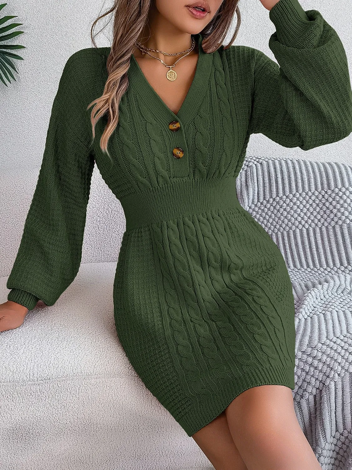 Ladies Cable-Knit V-Neck Sweater Dress