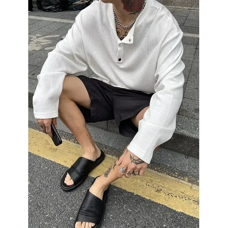 Large Size Men Clothing Textured Pleated Oversized T Shirt Men Button Placket Pullover Henley Collar Loose Long Sleeve T Shirts
