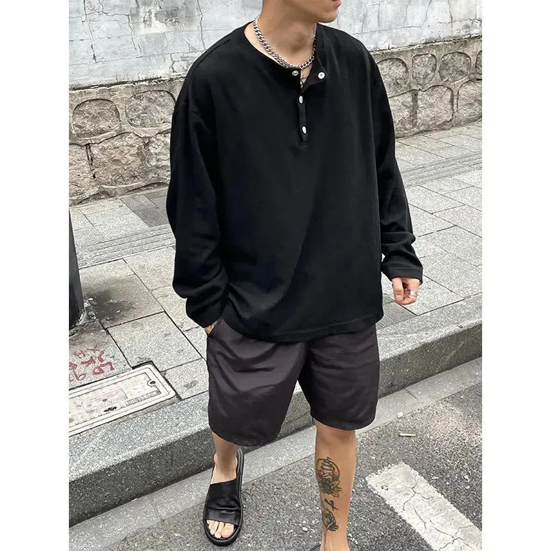Large Size Men Clothing Textured Pleated Oversized T Shirt Men Button Placket Pullover Henley Collar Loose Long Sleeve T Shirts