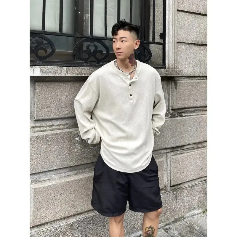 Large Size Men Clothing Textured Pleated Oversized T Shirt Men Button Placket Pullover Henley Collar Loose Long Sleeve T Shirts