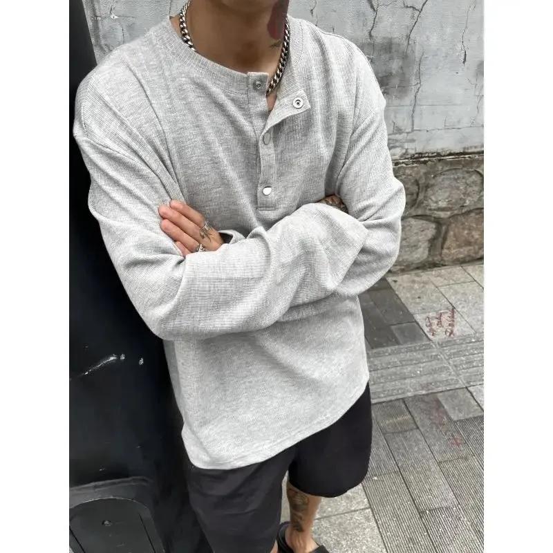 Large Size Men Clothing Textured Pleated Oversized T Shirt Men Button Placket Pullover Henley Collar Loose Long Sleeve T Shirts