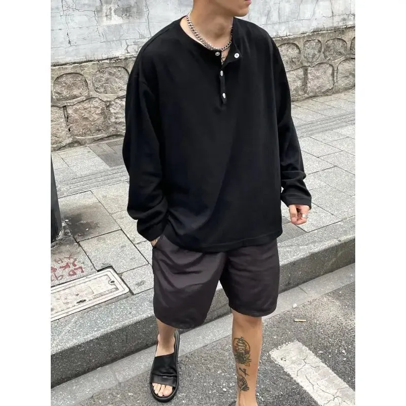 Large Size Men Clothing Textured Pleated Oversized T Shirt Men Button Placket Pullover Henley Collar Loose Long Sleeve T Shirts