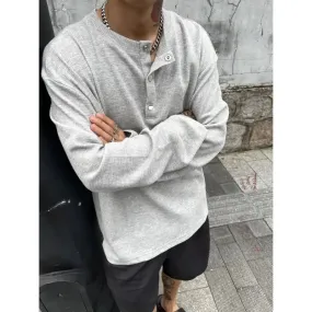 Large Size Men Clothing Textured Pleated Oversized T Shirt Men Button Placket Pullover Henley Collar Loose Long Sleeve T Shirts