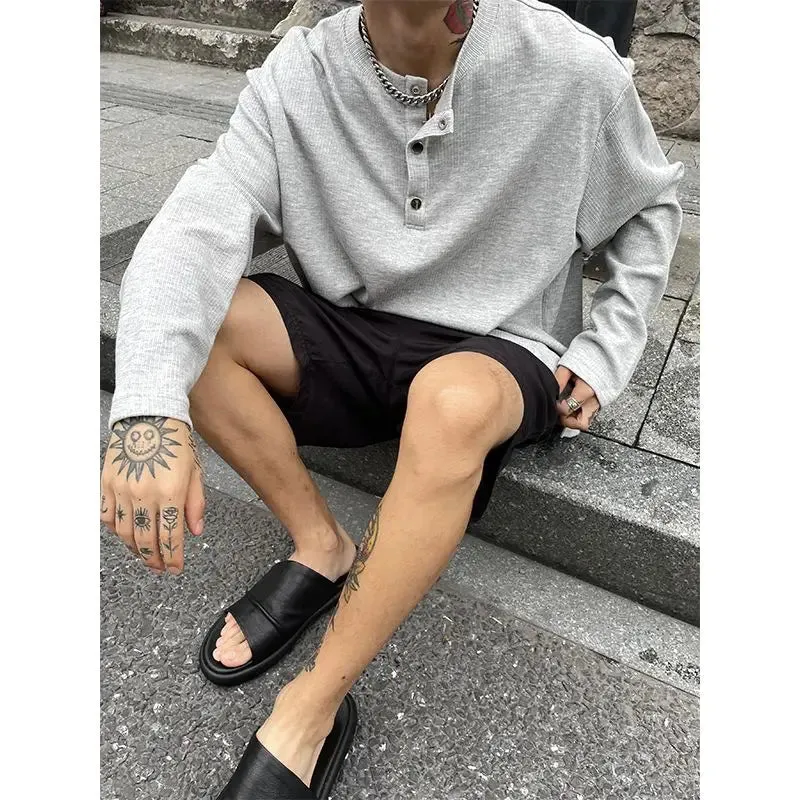 Large Size Men Clothing Textured Pleated Oversized T Shirt Men Button Placket Pullover Henley Collar Loose Long Sleeve T Shirts