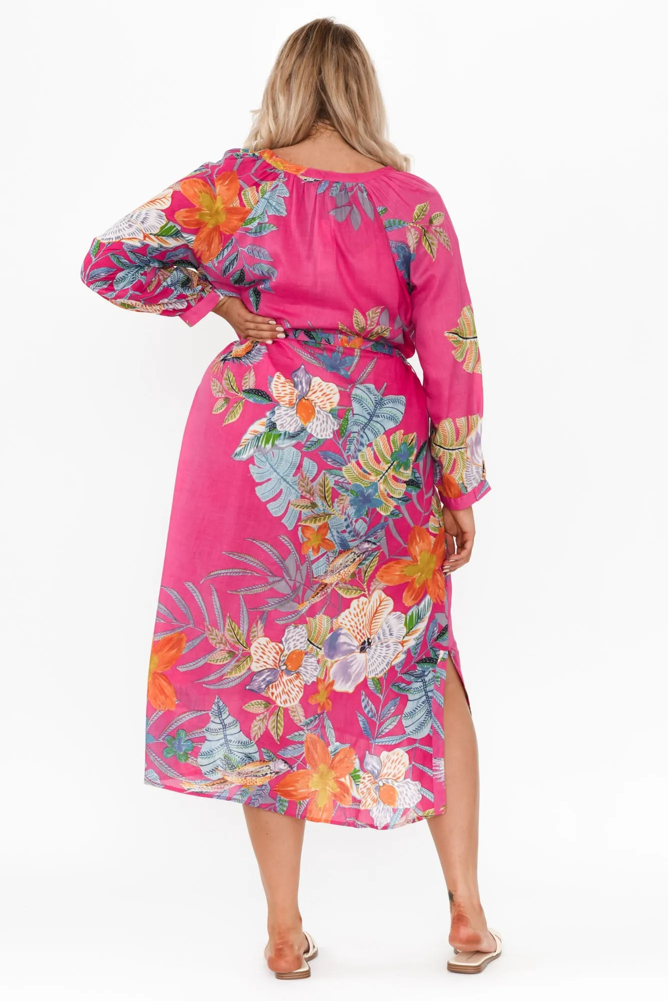 Liliana Pink Bird Cotton Tie Dress