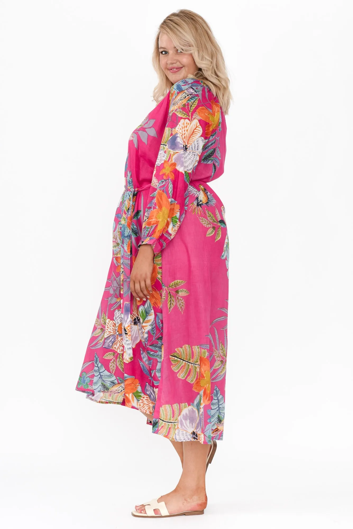 Liliana Pink Bird Cotton Tie Dress