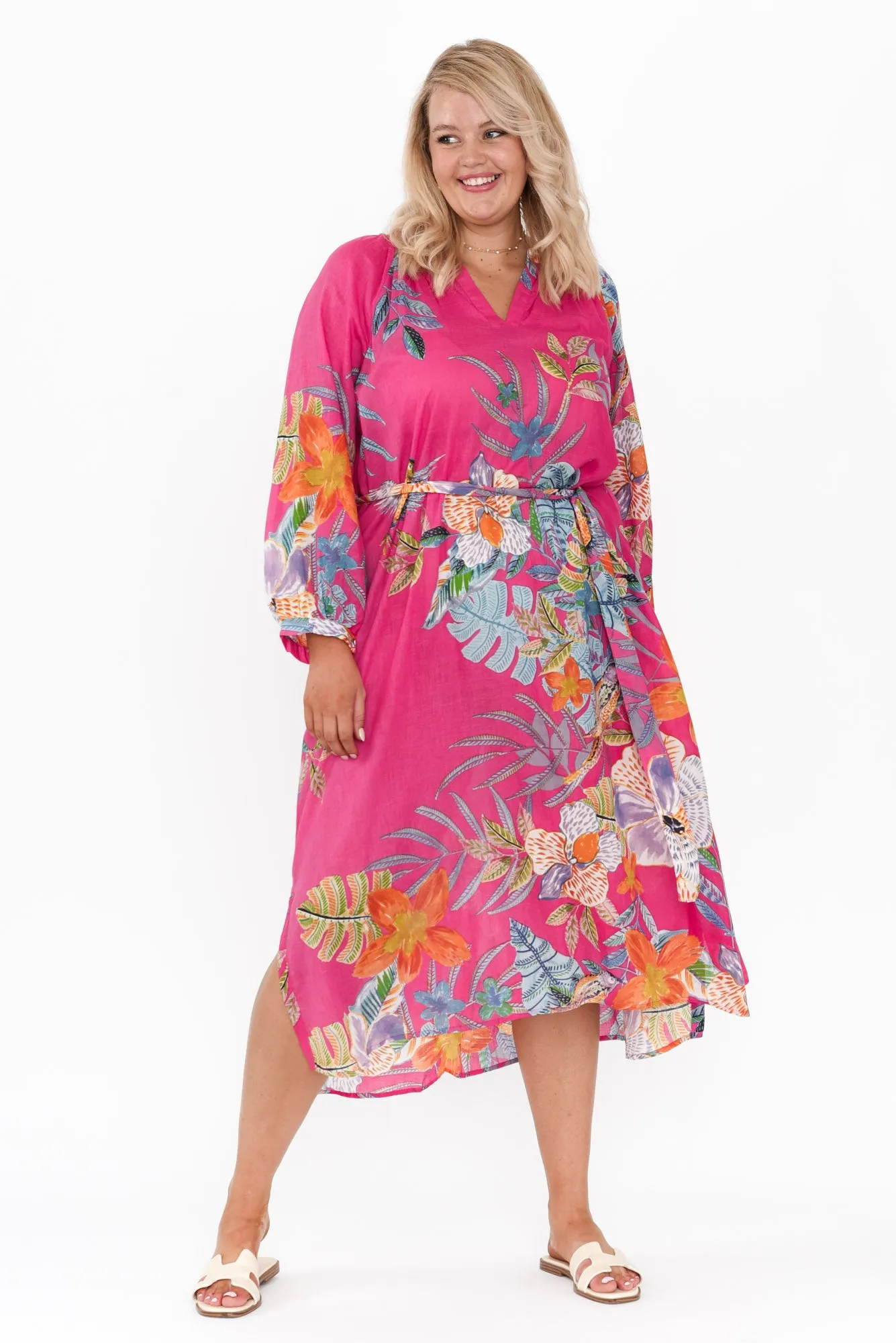 Liliana Pink Bird Cotton Tie Dress