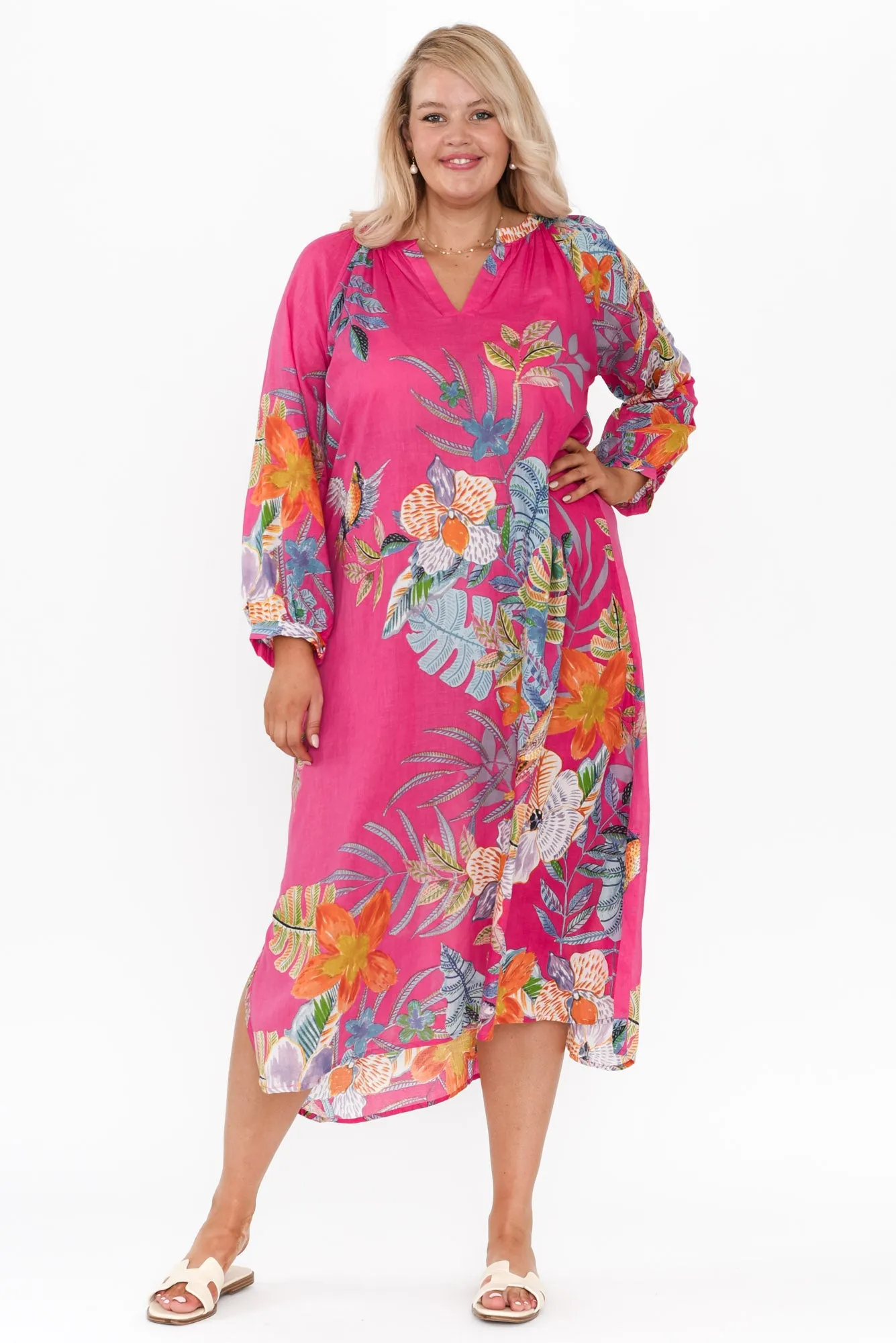 Liliana Pink Bird Cotton Tie Dress