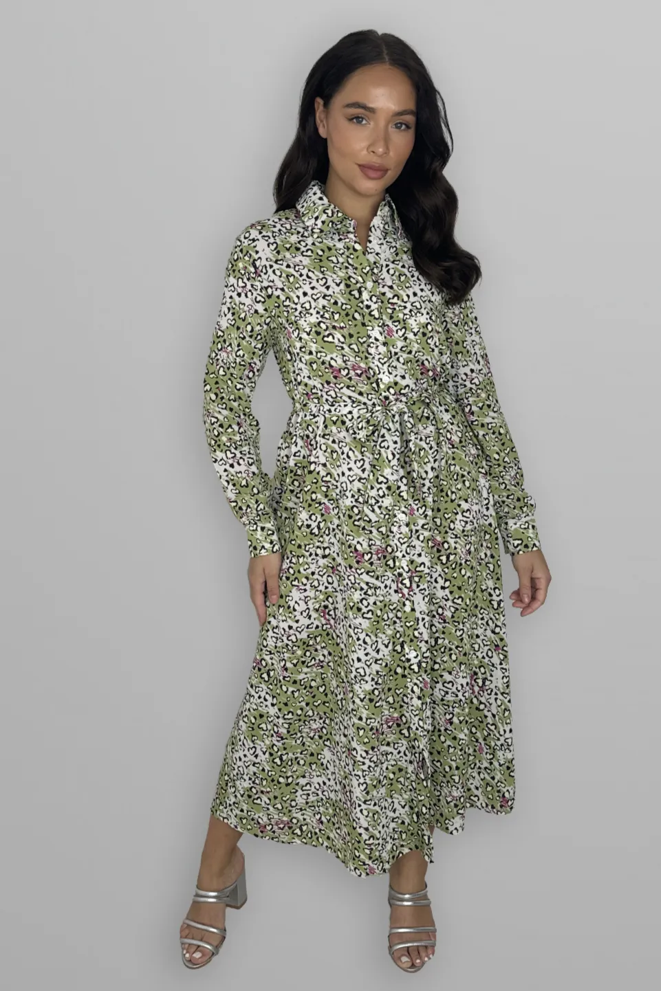 Long Sleeve Button Down Tie Up Printed Long Dress