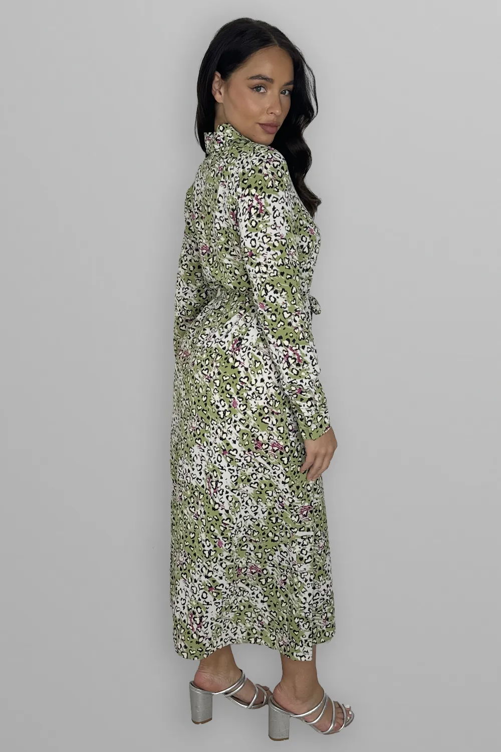 Long Sleeve Button Down Tie Up Printed Long Dress