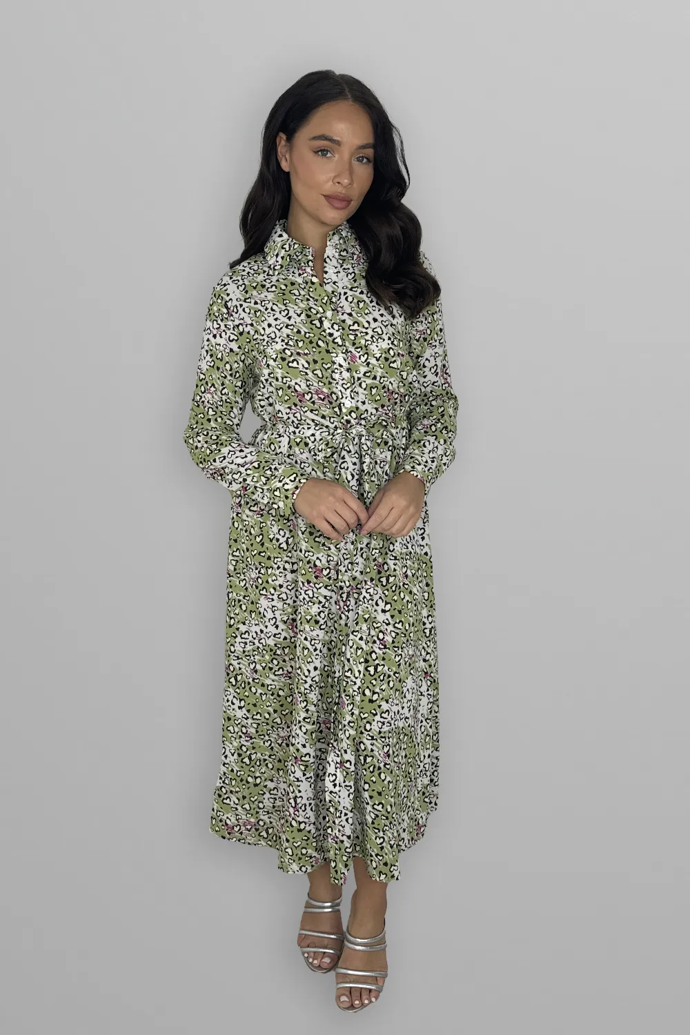 Long Sleeve Button Down Tie Up Printed Long Dress