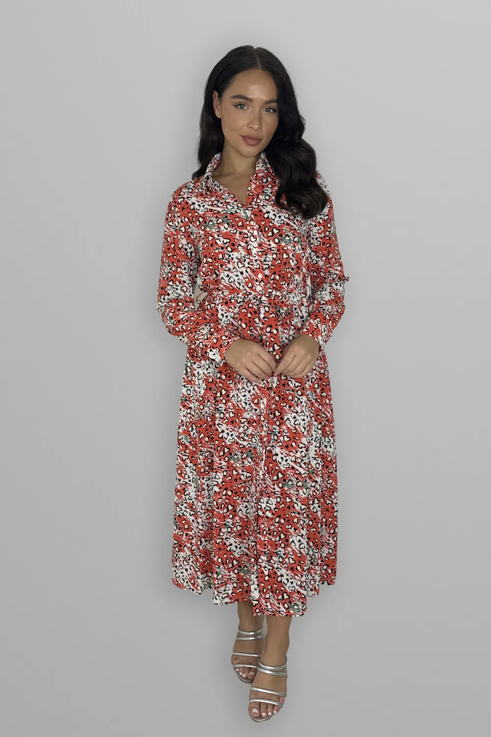 Long Sleeve Button Down Tie Up Printed Long Dress
