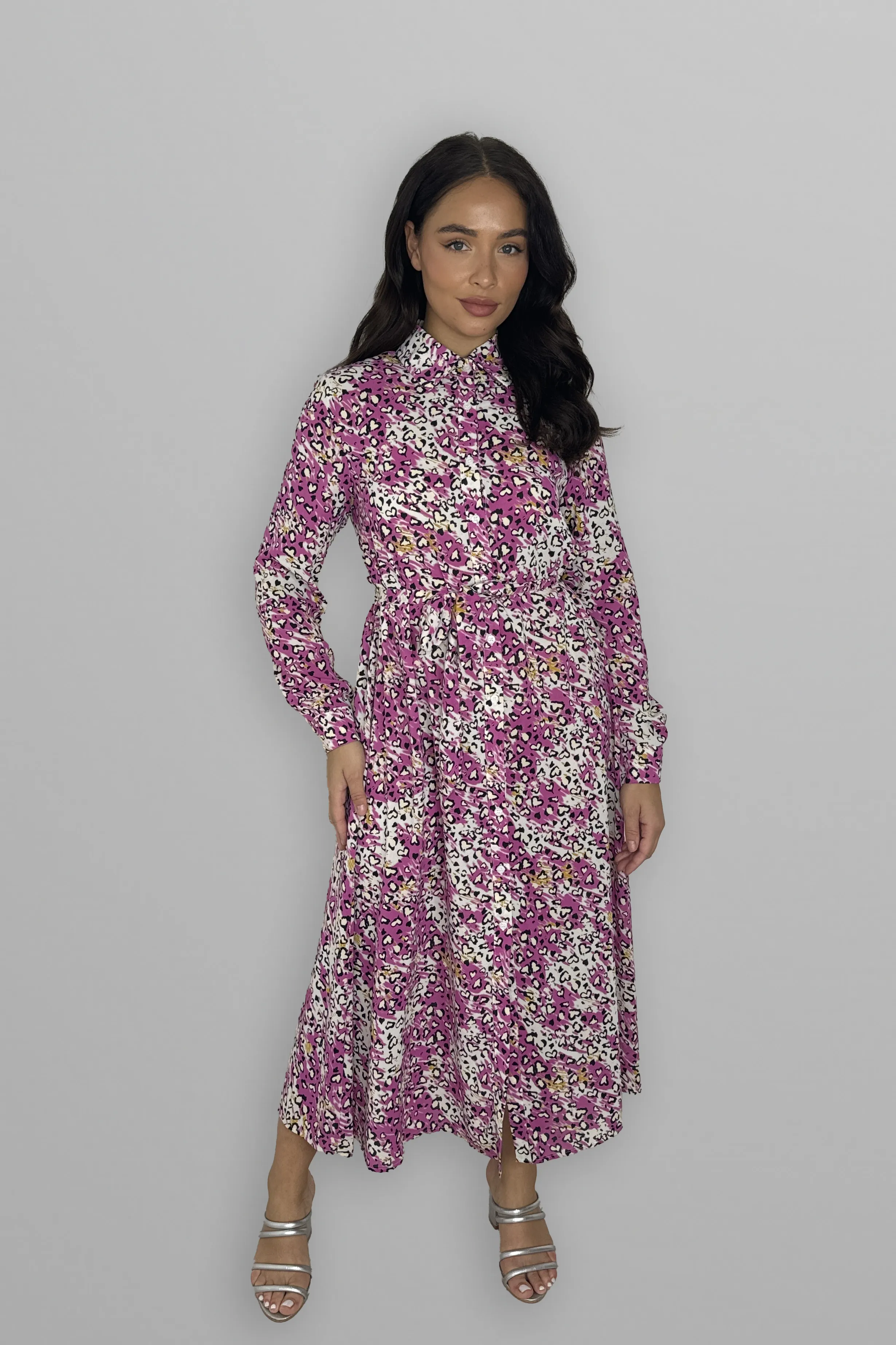 Long Sleeve Button Down Tie Up Printed Long Dress