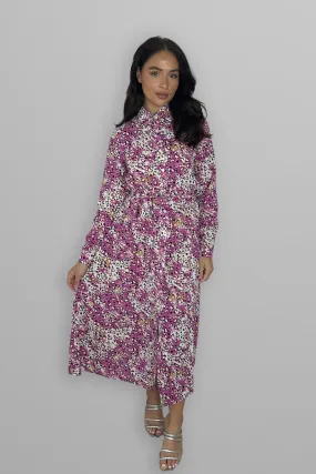 Long Sleeve Button Down Tie Up Printed Long Dress