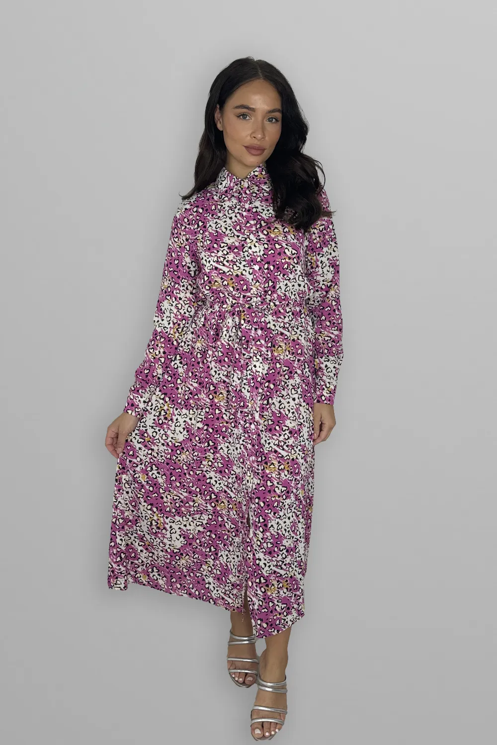 Long Sleeve Button Down Tie Up Printed Long Dress