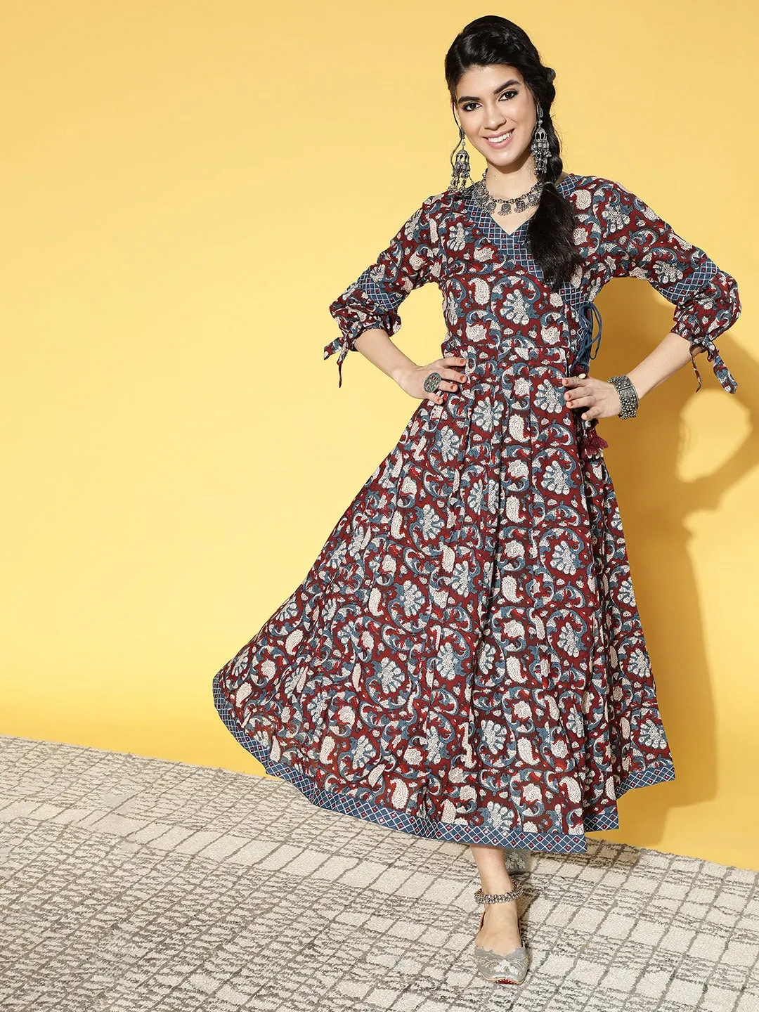 Maroon & Blue Ethnic Maxi Dress