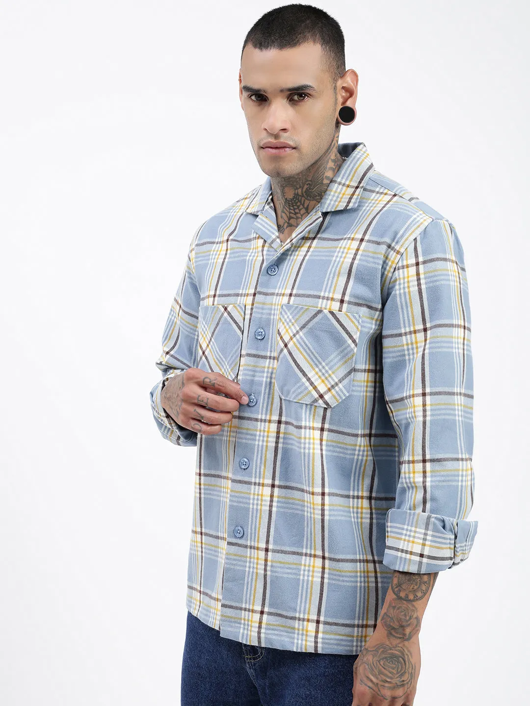 Men Checked Blue Shacket