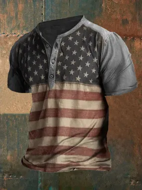 Men's Vintage American Flag Print Henley Collar T-Shirt